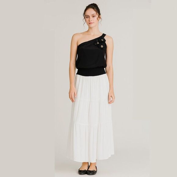 Matty M Cami Tank 100% Silk One Shoulder Sequins Ribbons Flowers Blousy Black Sm - Picture 1 of 15